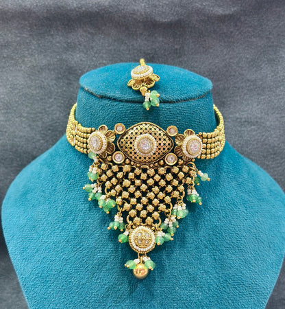 Kundan Pearl Choker Necklace Set with Mint Green Drops NS00020