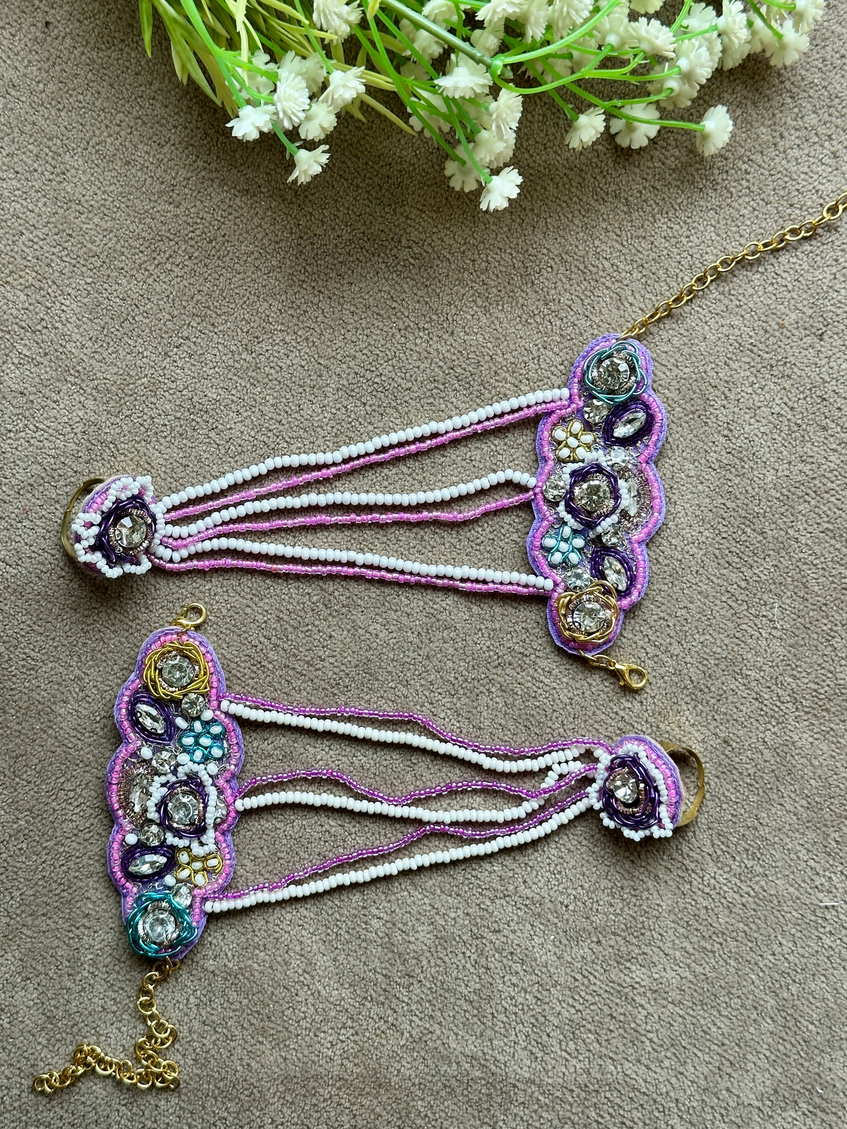 Lavender Beaded Bridal Jewellery Set – Necklace, Earrings, Tikka & Hathphool