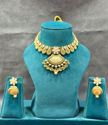 Kundan Meenakari Necklace Set with Fan Pendant & Ghungroo Drops NS00015