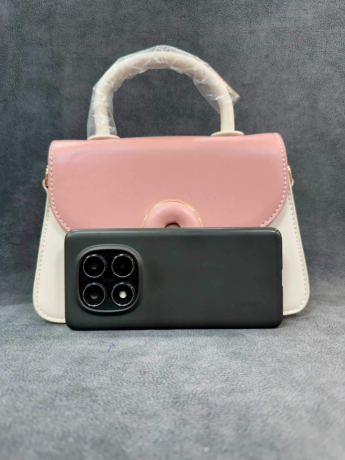 Pink & Cream Colour-Block Structured Sling Bag with Top Handle HB010