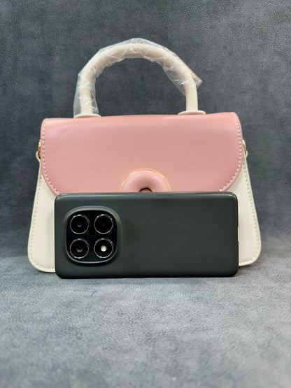 Pink & Cream Colour-Block Structured Sling Bag with Top Handle HB010