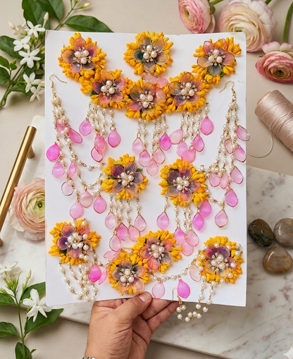 Pink Aura: Handcrafted Floral Jewelry Set with Vibrant Yellow & Magenta Details for Haldi & Mehendi