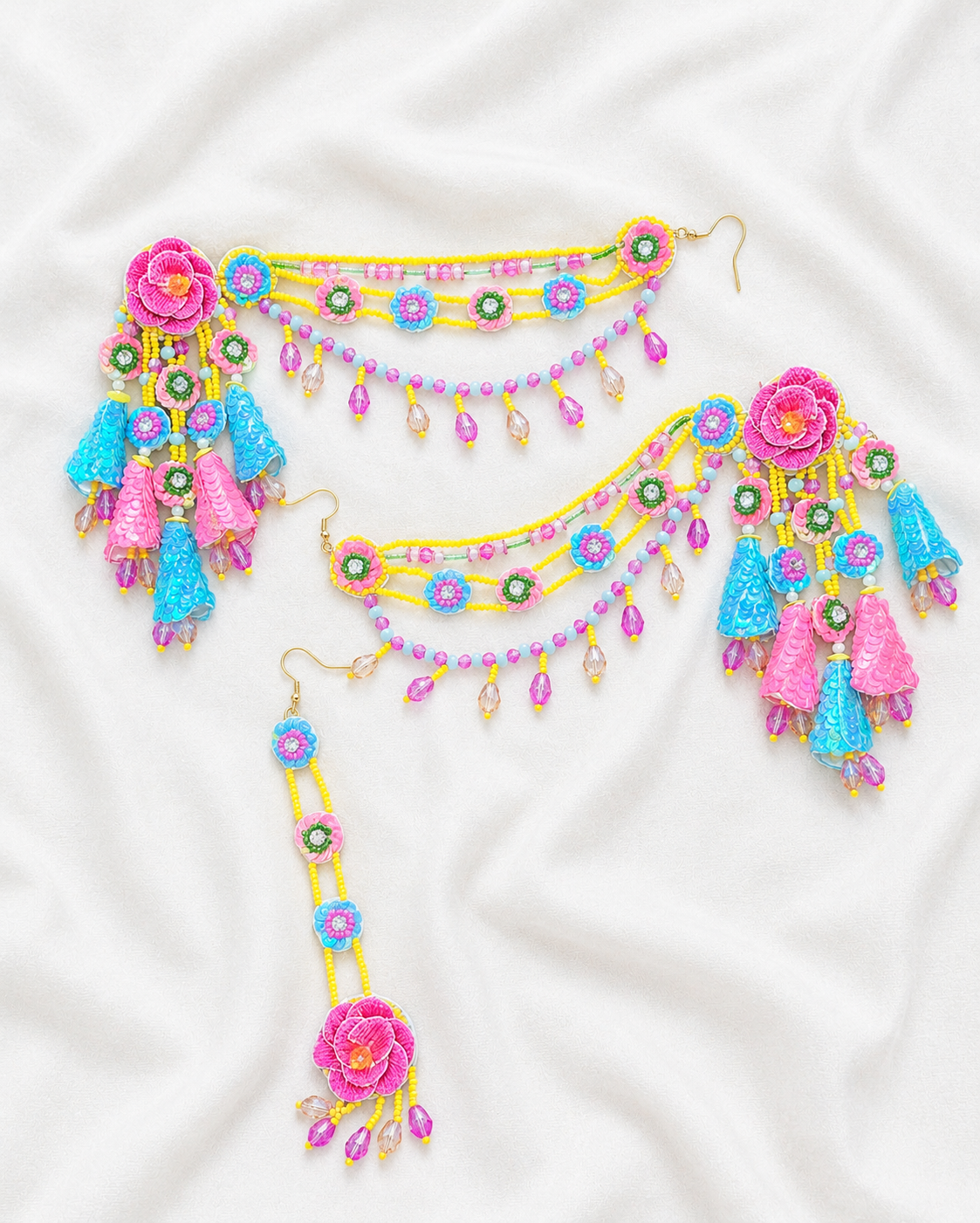 Beaded Handmade Jewellery Earing Tikka Set Color Pink Yellow Blue