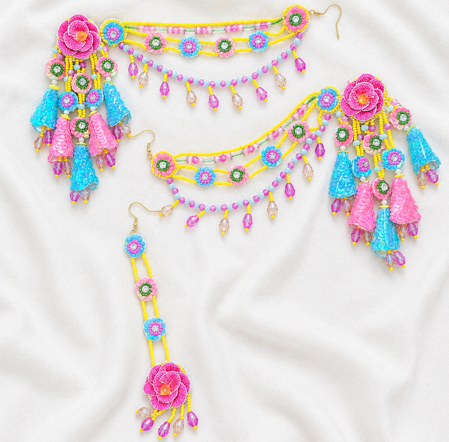 Beaded Handmade Jewellery Earing Tikka Set Color Pink Yellow Blue