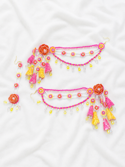 Beaded Handmade Jewellery earing Tikka Set Color Pink Yellow Orange