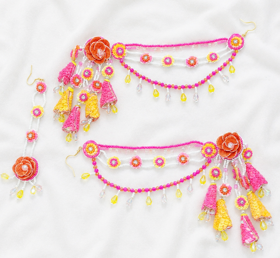 Beaded Handmade Jewellery earing Tikka Set Color Pink Yellow Orange
