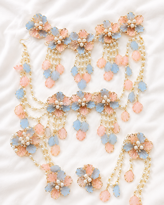 Ethereal Blossom: Handcrafted Pearl & Fuchsia Floral Resin Jewellery Set RJ0020