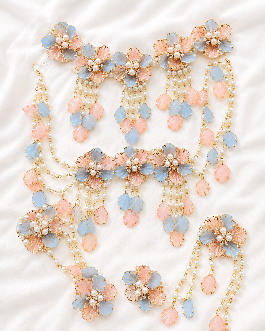 Ethereal Blossom: Handcrafted Pearl & Fuchsia Floral Resin Jewellery Set RJ0020