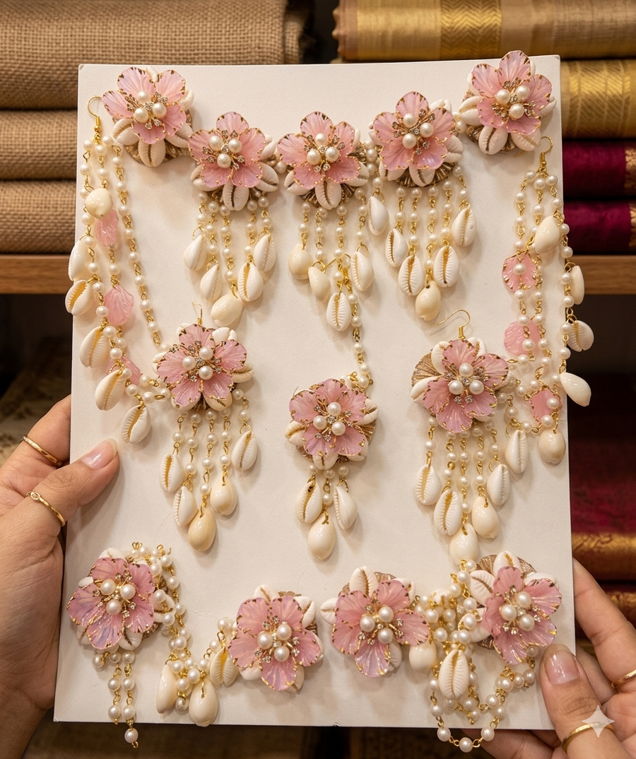 Light Pink Handcrafted Pearl and Cowrie Shells Floral Haldi & Mehandi Jewellery Set K104