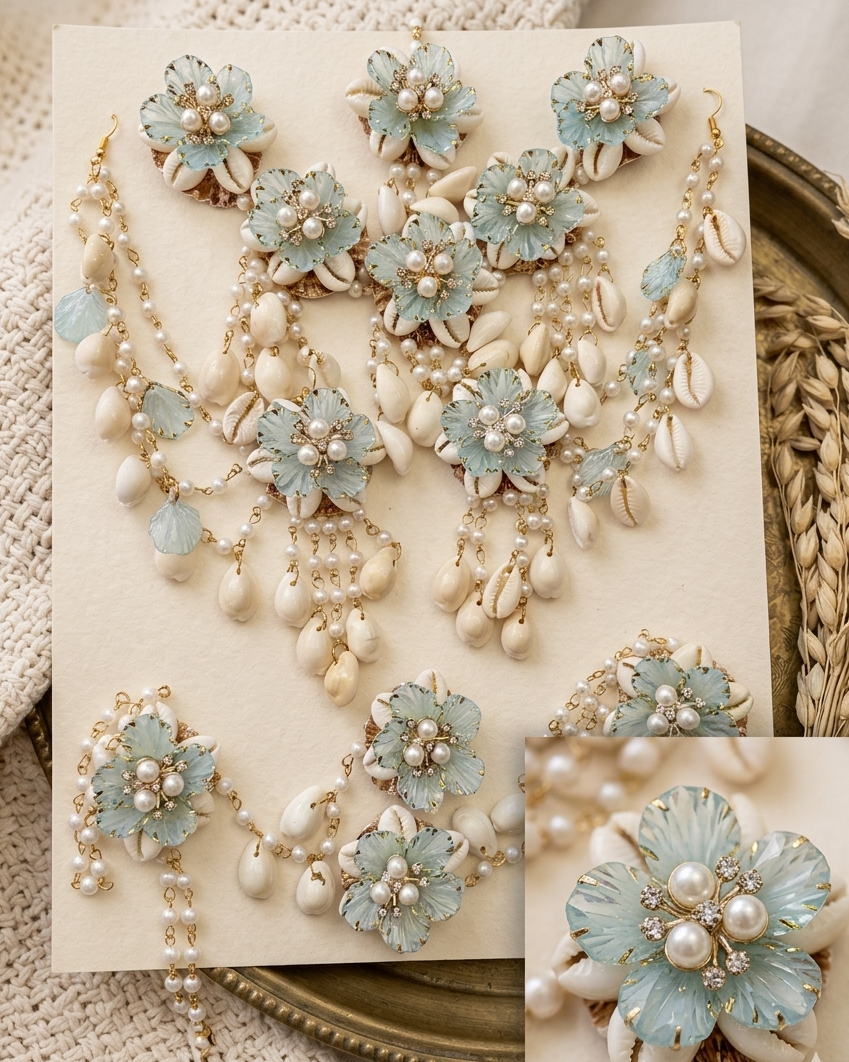 BLUE Handcrafted Pearl and Cowrie Floral Haldi & Mehandi Shells Jewellery Set K128