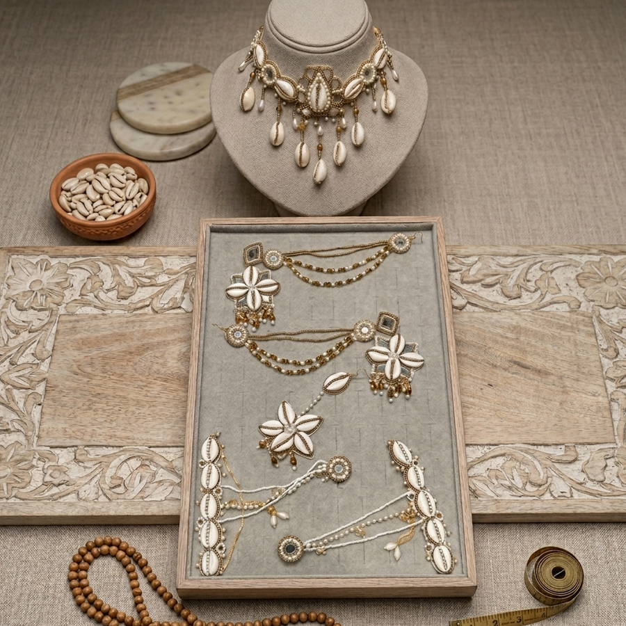 Gilded Cowrie Shell Jewelry Ensemble with Pearl Accents and Floral Design
