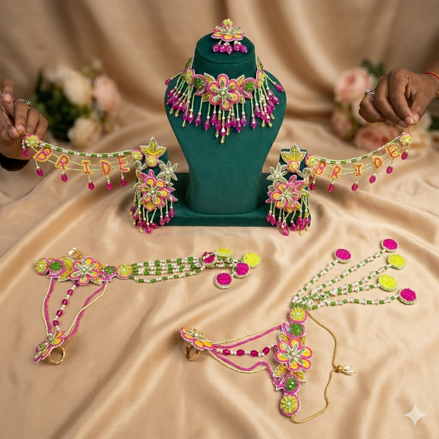 Handcrafted Floral Bridal Jewelry Set – Vibrant Haldi/Mehendi Accessories with Custom “Bride” Banner