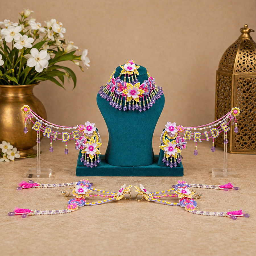 Pastel Floral Bridal Jewelry Set with Handmade Beadwork | Haldi & Mehendi Special “Bride” Set