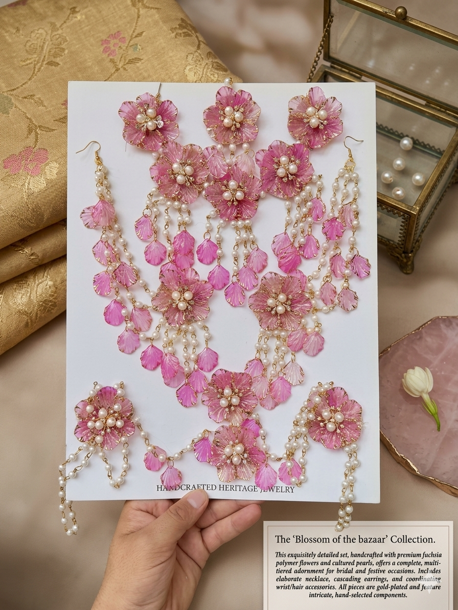 Ethereal Blossom: Handcrafted Pearl & Fuchsia Floral Resin Jewellery Set.