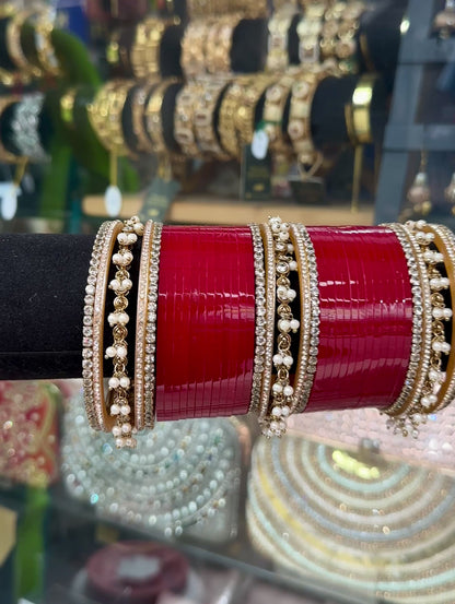 Bridal Chura Rich Red Kashmiri Bangles Hanging pearl BDH016