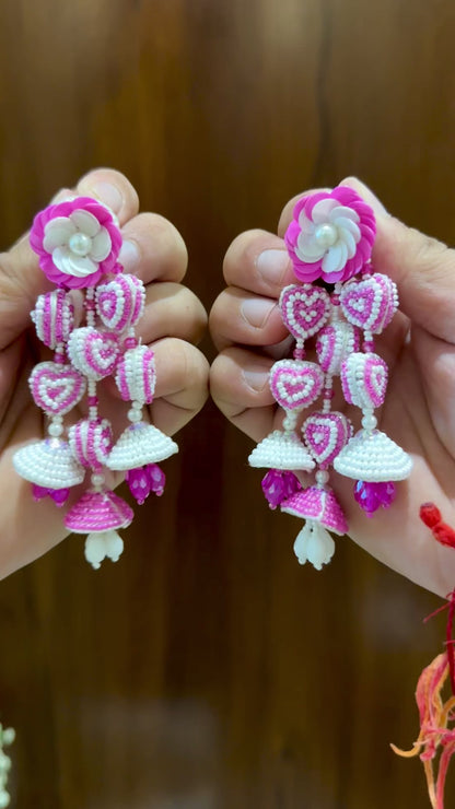 Pink & White Handmade Beaded Heart Jhumka Earrings