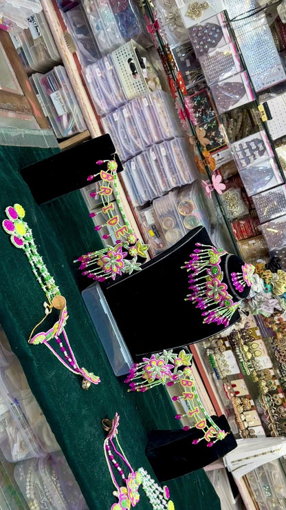 Handcrafted Floral Bridal Jewelry Set – Vibrant Haldi/Mehendi Accessories with Custom “Bride” Banner