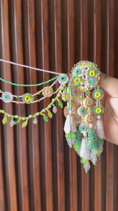 Green & Pastel Floral Beaded Earrings with Sahare