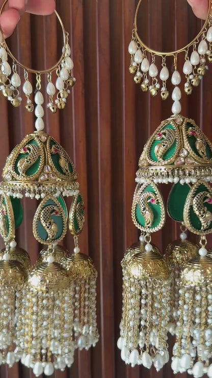 Green Peacock Bridal Antique Kaliras with Pearl-Like Drops