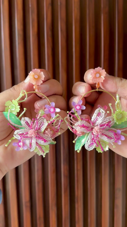 Pastel Floral Handmade Beaded Hoop Earrings