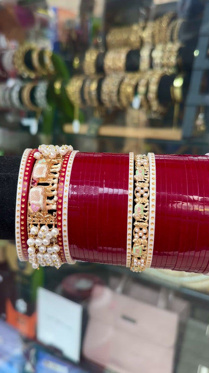Bridal Chura Rich red and Gold Polish Kada and Pearl work BDH017