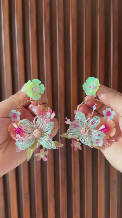 Mint Bloom Handmade Beaded Floral Hoop Earrings