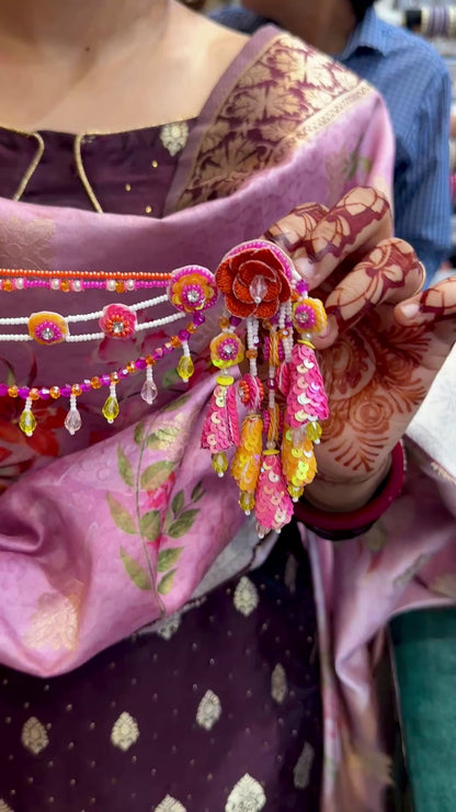 Beaded Handmade Jewellery earing Tikka Set Color Pink Yellow Orange