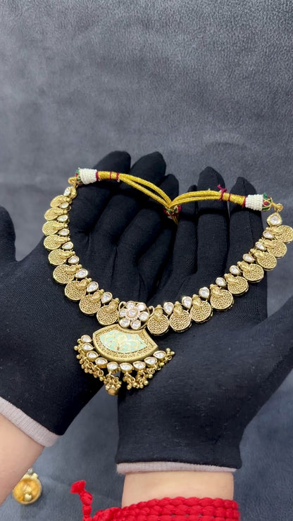 Kundan Meenakari Necklace Set with Fan Pendant & Ghungroo Drops NS00015