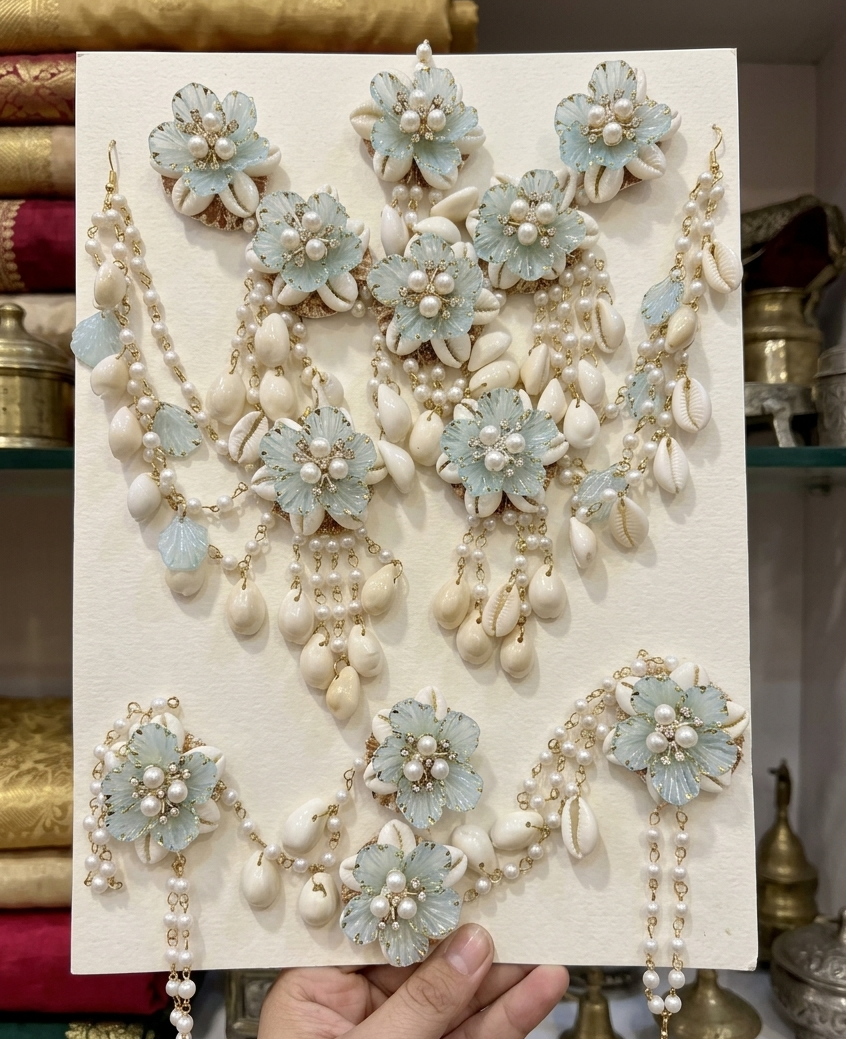 BLUE Handcrafted Pearl and Cowrie Floral Haldi & Mehandi Shells Jewellery Set