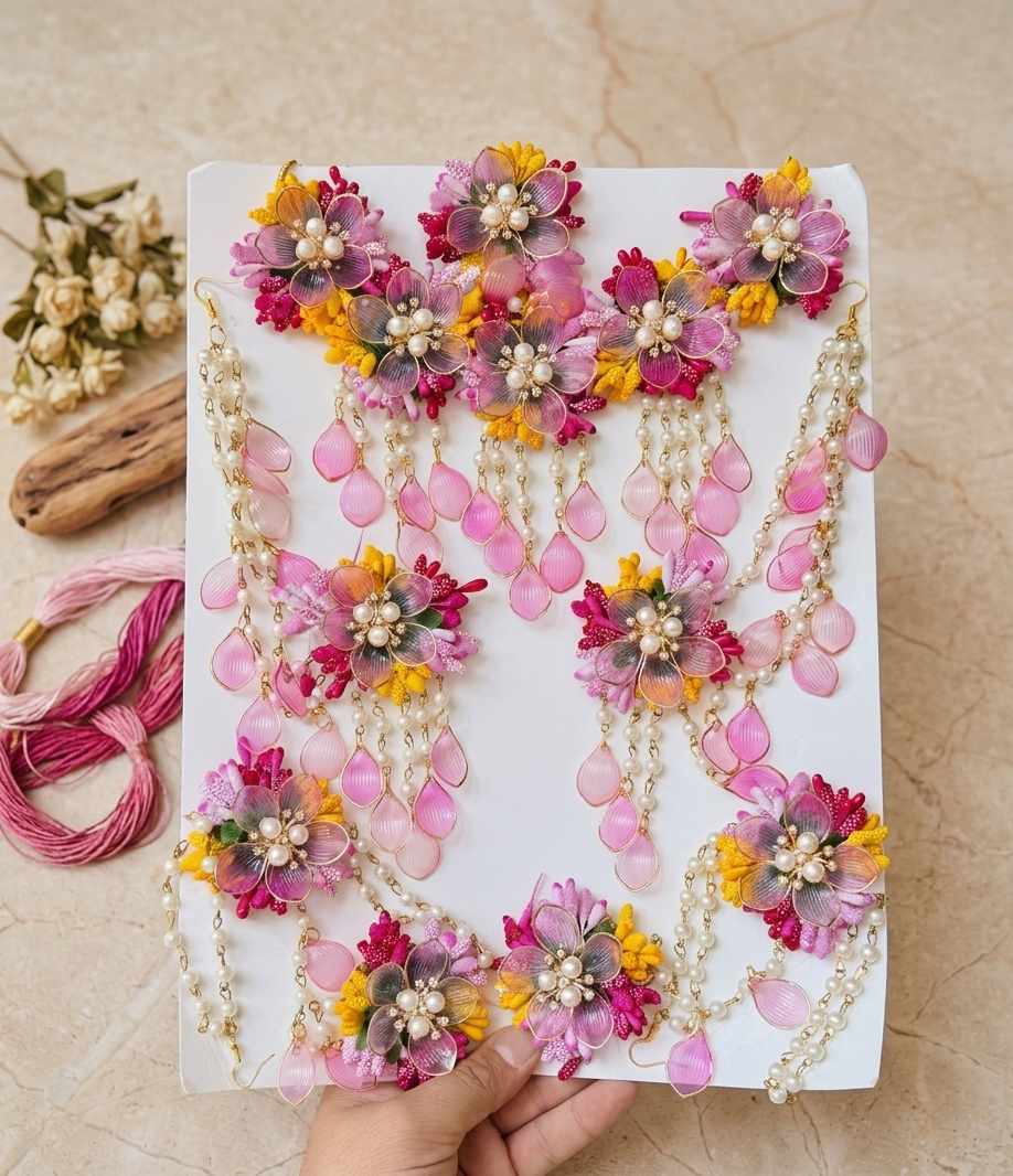 Enchanting Pink & Yellow Floral Jewellery Set with Pearls and Teardrop Drops