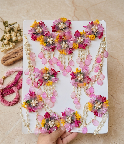 Enchanting Pink & Yellow Floral Jewellery Set with Pearls and Teardrop Drops