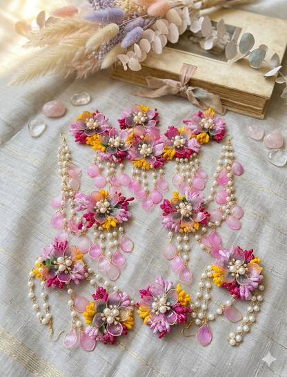 Enchanting Pink & Yellow Floral Jewellery Set with Pearls and Teardrop Drops