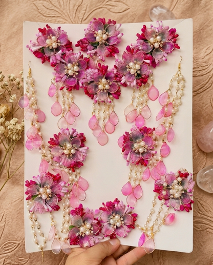 Elegant Pink & Pearl Floral Jewellery Set Complete Grace